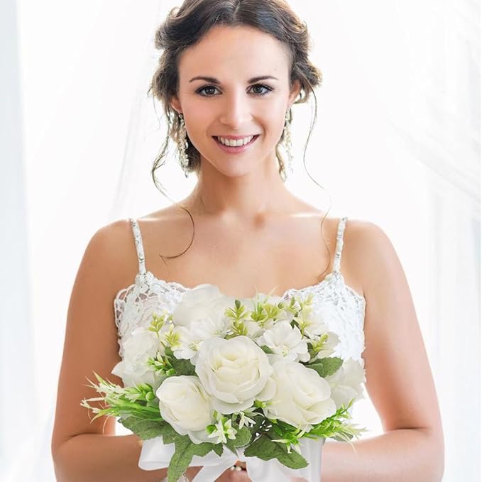 CYANLUX Wedding Bouquets for Bride Bridesmaid Bouquet Champagne White Artificial Roses Flowers for Wedding Valentine's Day Church Home Decoration (White)…