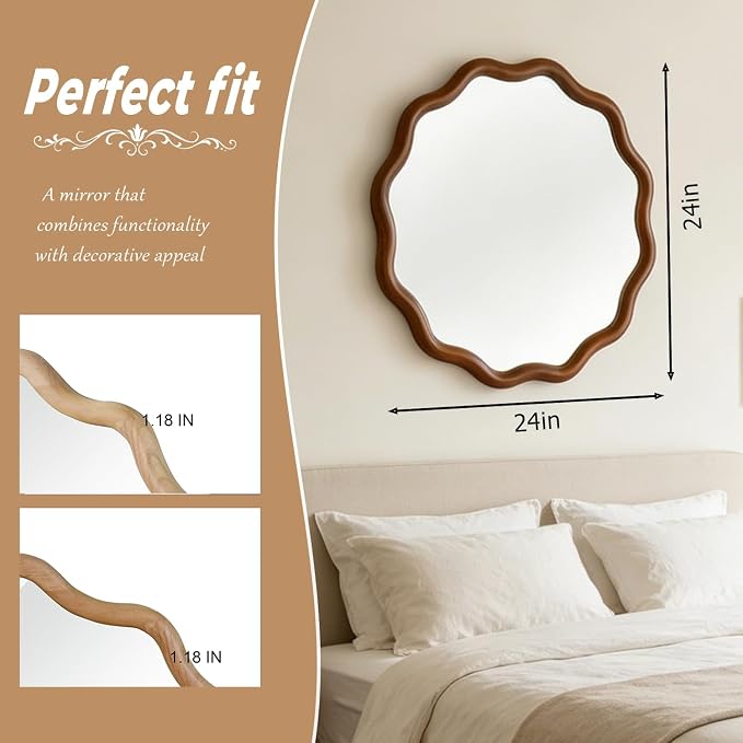 24" Wavy Edge Round Mirror, Solid Wood Framed Wall Decor with Clear Reflection for Bathroom, Bedroom, Living Room & Entryway (Dark Walnut)