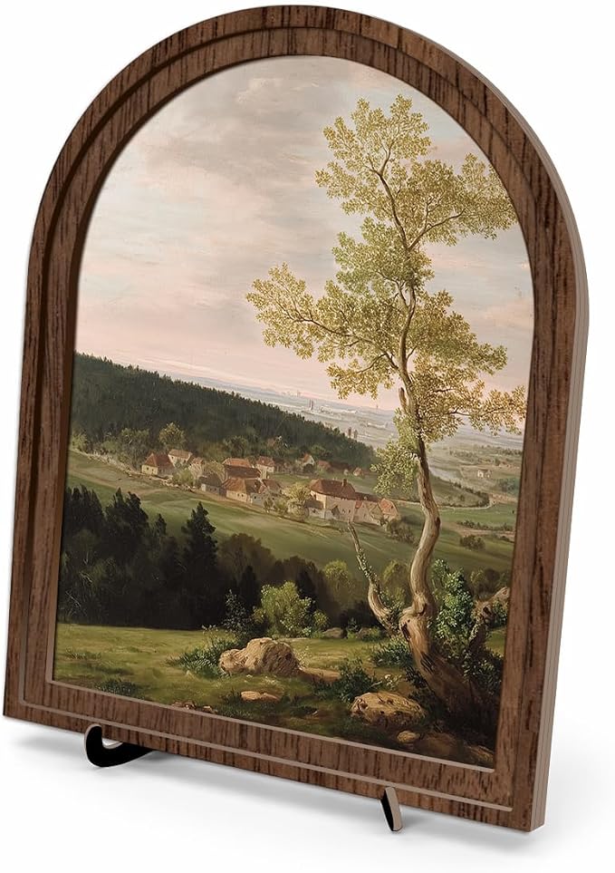 Rustic Farmhouse Tabletop Decor Sign, Arched Wooden Frame Countryside Village Landscape Artwork for Living Room Dining Room Bedroom, Charming Gift Idea