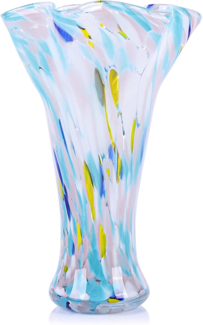 9.0" H Blue Glass Vases for Flowers, Unique Hand Blown Glass Vase Blue Home Decor, Wide Mouth Colorful Flower Vase Centerpieces, for Living Room Table Bookshelf, Bathroom Office Shelf Decorative