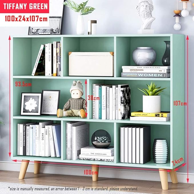 IOTXY Wooden Open Shelf Bookcase - 3-Tier Floor Standing Display Cabinet Rack with Legs, 8 Cubes Bookshelf, Tiffany-Green | Display Cabinet, Rack, with Legs, Bookshelf