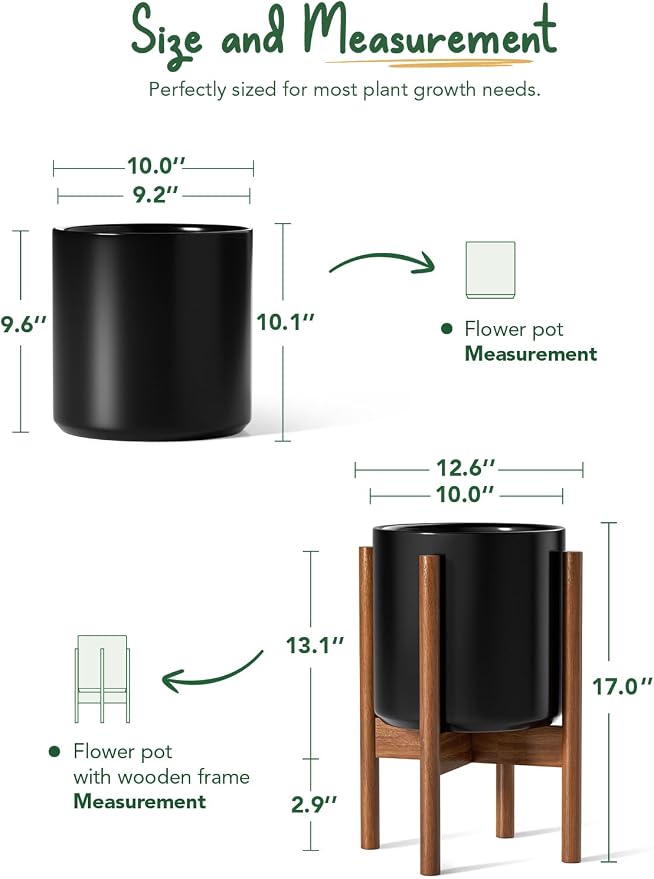 LE TAUCI 10 Inch Planter with Acacia Wood Stand, Ceramic Planter for Indoor Plants with Plant Holder, Mid-Century Modern Home Decor, Round Flower Pots with Drainage Hole, Black