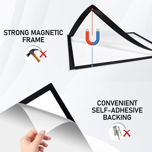 Magnetic Sign Holder | 8.5x11" Wall-Mounted Self-Adhesive Frame - Transparent with Black Edge, 6 Pack
