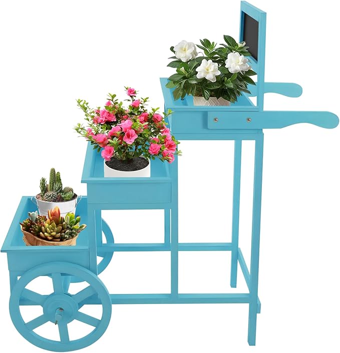 Flower Display Stand | 3-Tier Wood Flower Cart | Flower Cart Display Stand with Wheels | Ladder Shaped Plant stand | Market flower display Stand | Handle & Blackboard (Blue)