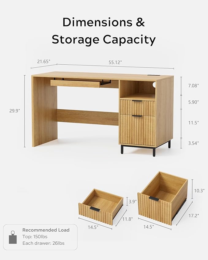 Fluted Executive Desk, 55" Modern Wood Home Office Desk with Charging Station, File Drawer, Open Storage, Computer Writing Desk for Work Study Writing, Natural Oak