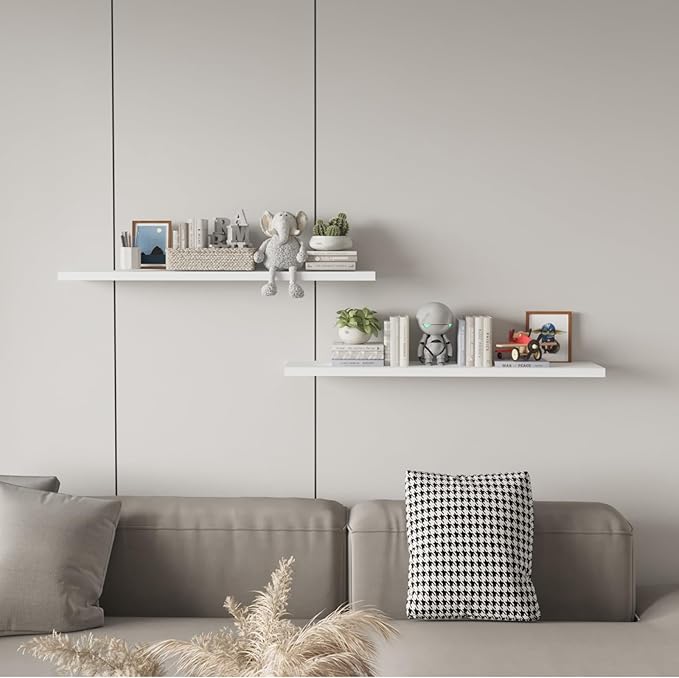 SAUMONIERES Floating Wall Shelves for Bedroom Bathroom Wall Mounted Solid Wood 36 Inches Long Shelf Set of 2, White Floating Shelves