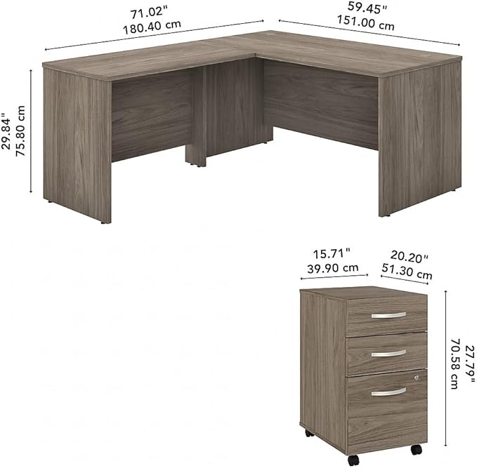 Bush Business Furniture Studio C L Shaped Desk with Mobile File Cabinet and Return, 60W x 30D, Modern Hickory