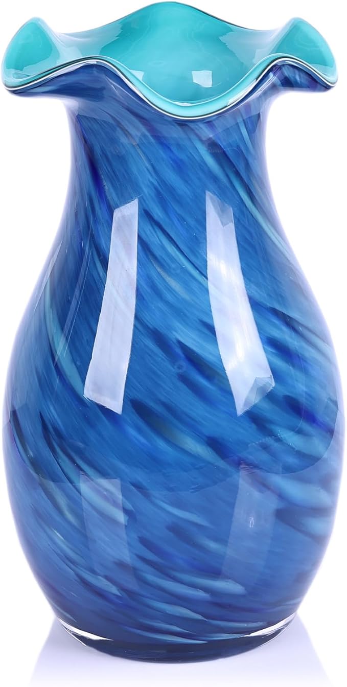 10.6in Hand Blown Blue Glass Vase – Wide Mouth Murano Bubble Art Glass Vase, Cobalt Blue Flower Vase for Coastal, Vintage, Colorful Home Decor, Vase Gift for Mom or Display (Blue)