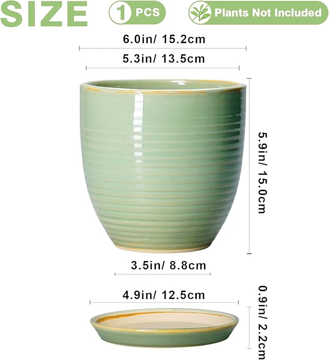 Ceramic Plant Pots - 6 Inch Ceramic Planter with Drainage Hole and Saucer, Modern Planters for Indoor Outdoor Plants, Round Flower Pots, Office House Decor, Gifts for Women Men, Bright Green