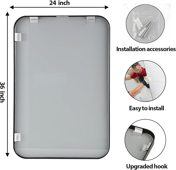 24x36 Inch Black Wall Mirror for Bathroom, Brushed Metal Framed Mirror with Rounded Corner, Rectangle Bathroom Vanity Mirror for Bedroom or Living Room, Horizontal/Vertical