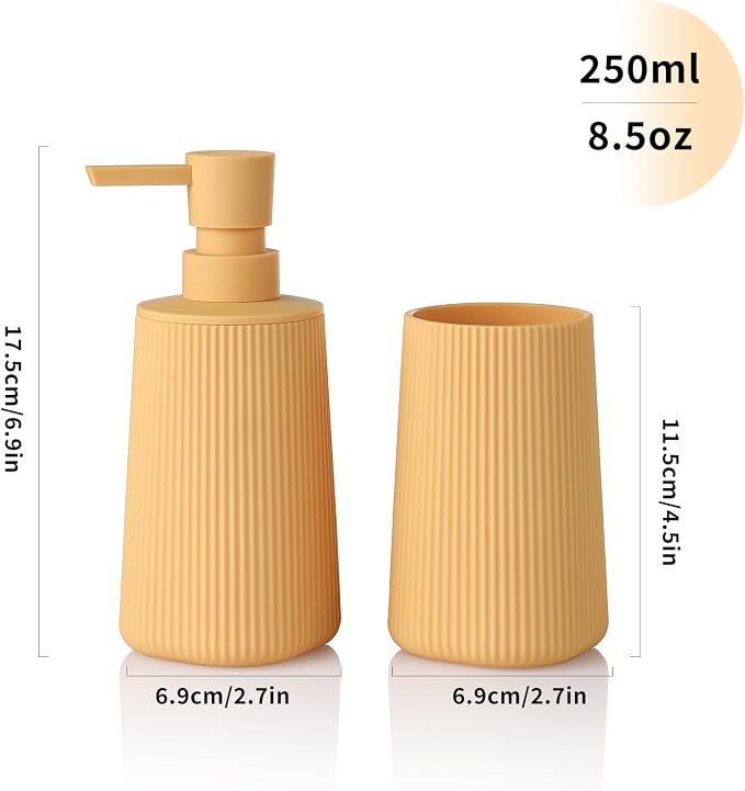 YAUKPH Bathroom Accessories Set 2 Piece Soap Dispenser and Toothbrush Holder for Bathroom Countertop Striped Yellow