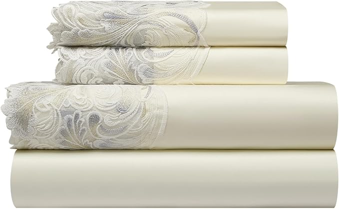 mixinni Luxury Satin Duvet Cover Set with Embroidery Lace, Silky Soft Bedding Set (1 Duvet Cover + 2 Pillowcases), Cream White - Elegant Bedroom Comforter Cover, Vintage Royal Style-Queen Size