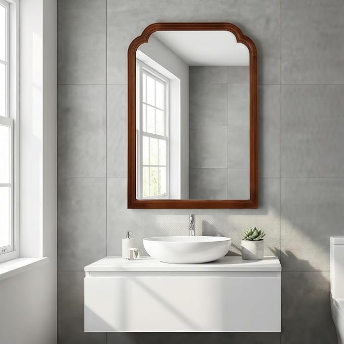 Elountik 20x30 Inch Black Walnut Solid Wood Frame Round Corner Decorative Mirror for Bedroom, Bathroom, Living Room, Entryway Home Decor