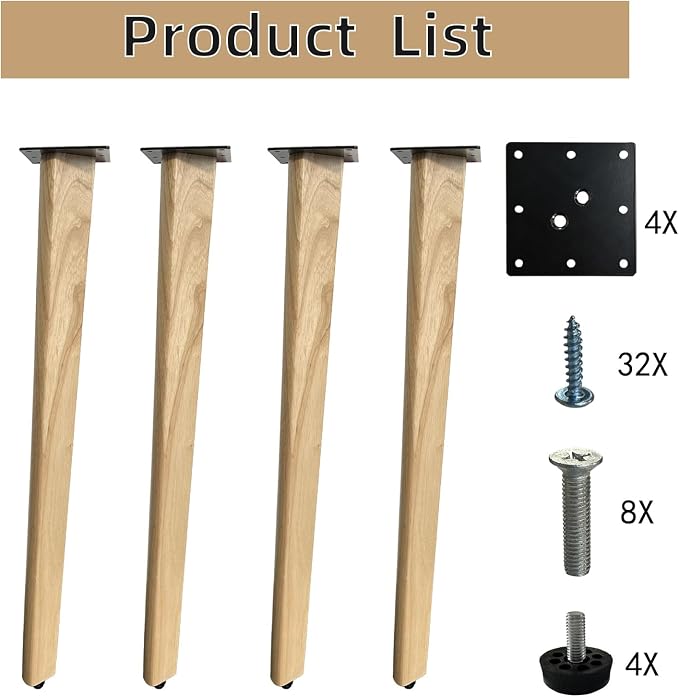 QLLY 28 inch Solid Wood Table Legs, Natural Varnished Wooden Desk Legs with Adjustable Leveling Feet, Set of 4, Heavy Duty Replacement Legs for for DIY Dining Table, Office Desk, Farmhouse Furniture