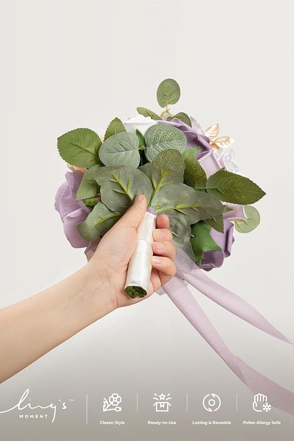Ling's moment Lilac & Gold Bridesmaid Bouquet, Purple White Wedding Bouquets for Bridesmaids, 7 Inch Bridal Bouquets for Bridesmaids, Wedding, Ceremony, Anniversary, etc.
