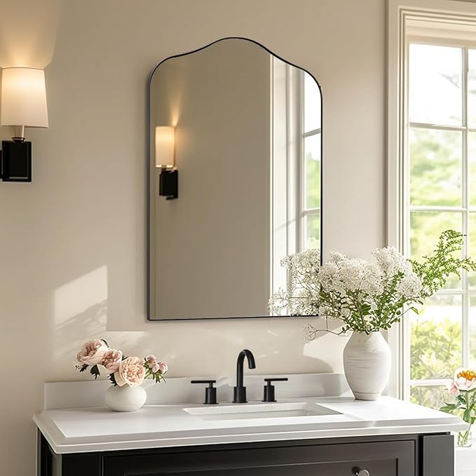 ANDY STAR Scalloped Arched Mirror, 26x38 Matte Black Irregular Wall Mirror for Bathroom Vanity Decorative, for Entryway, Fireplace, Mantel, Rustproof, Stainless Steel Frame