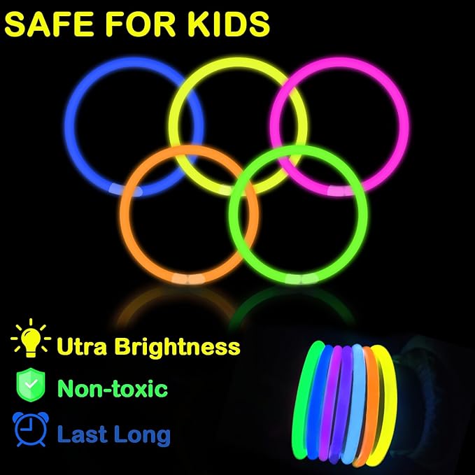 Glow Sticks Party Pack 8"-50, Light up Bracelets & Necklaces Accessories for Kids, Neon Glow in the Dark Christmas NYE Party Favor Supplies Decoration for Xmas Birthday Camping Wedding Dance Parade