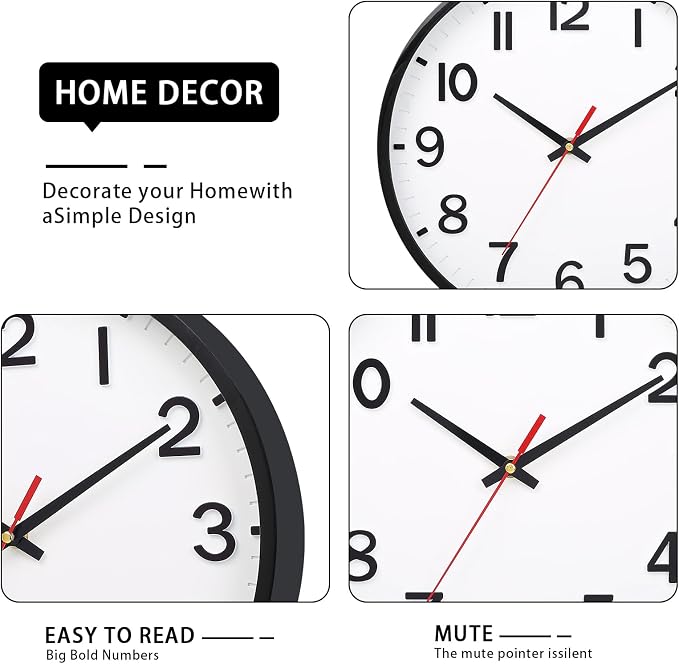 Wall Clocks Battery Operated 8 inch Modern Wall Clock,Silent Non Ticking Wall Clock for Living Room Bedroom Kitchen Office Classroom Decor (White and Black)