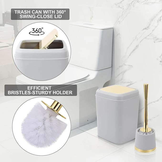XLHOMO Grey and Gold Bathroom Accessories Set - 10 Piece Bathroom Sets with Trash Can and Toilet Brush, Soap Dispenser, Toothbrush Holder and Cup, Soap Dish, Qtip Holder, for Housewarming Present