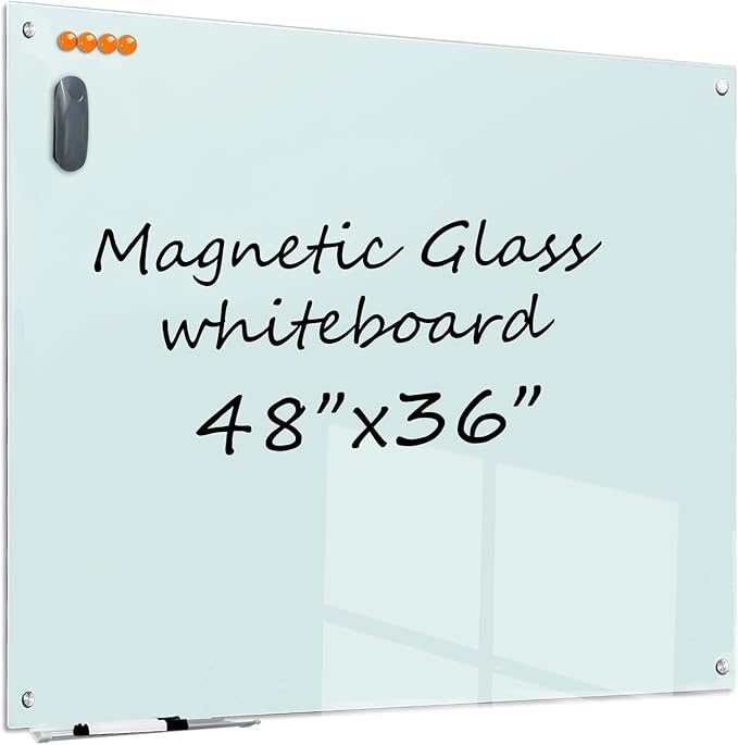 Glass Dry Erase White Board - 48"X36" Magnetic Whiteboard Large Frameless Boards with Super Strong Magnets for Office, School and Home Wall