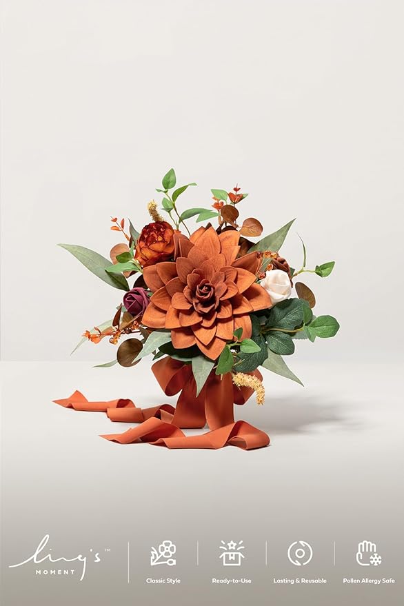 Ling's moment Burnt Orange Bridesmaid Bouquet, Terracotta Wedding Bouquets for Bridesmaids, 7 Inch Bridal Bouquets for Bridesmaids, Wedding, Ceremony, Anniversary, etc.