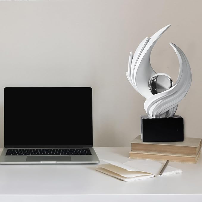 Modern Art Statue Decor, Abstract Swirl-Shaped Sculpture with Glass Ball Resin Art Figurines Centerpiece Sculptures for Home Decor Living Room Stand Coffee Table Office Bookshelf Decoration (white)