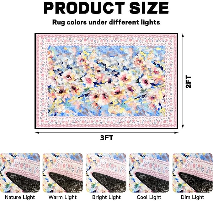 Floral Oil Painting Area Rug Watercolor Flower Print Rugs for Entryway Bedroom Living Room Nursery Kitchen Playroom Home Decor Washable Low Pile Floor Mat Carpet,2'x3'