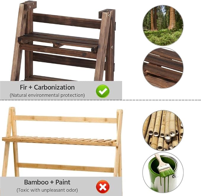 Topeakmart Wooden ladder Shelf Plant Shelf, Multiple Tired Shelf Sturdy and Foldable Storage Shelf Solid folding Wood for Garden/Balcony/Yard/Living Room Storage, No assemble, Brown