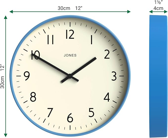 JONES CLOCKS® Studio wall Clock | Modern Round Style | 12 inch | Mid Blue | Easy to Read Numbers | Versatile Design for Kitchen, Living Room or Office