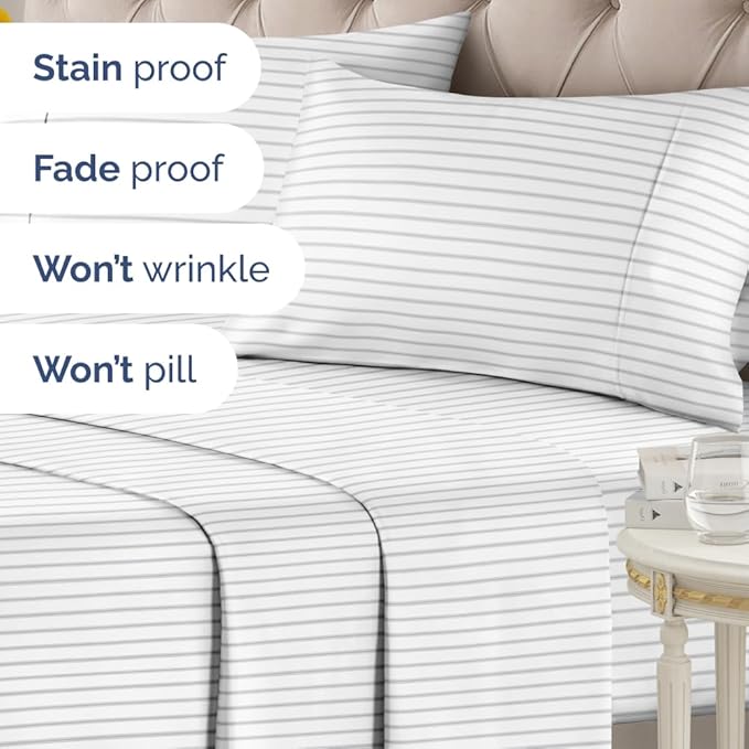 Light Grey and White Striped Sheets - 1 Flat & 1 Fitted Sheet & 2 Pillowcases w/ Deep Pockets - Wrinkle & Fade Resistant, Ultra-Soft, Breathable & Cooling - Luxury Pinstripe Bedding - Full Size