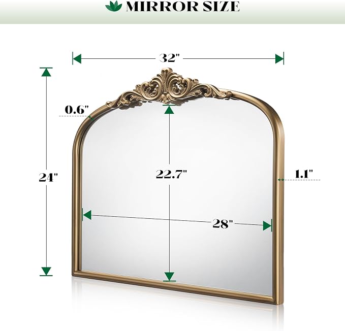 Champagne Bronze Bathroom Mirror, 32"x24" Mantle Mirrors for Fireplace, Vintage Gold Arched Wall Mirror for Over Sink, Livingroom, Entryway, Bedroom, Haning or Leaning