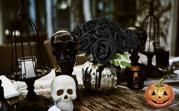 Black Roses Artificial Flowers 10 Pack in Bulk, Black Fake Roses Flowers Realistic Roses for Halloween Gothic Wedding Home Party Decoration Event Gift