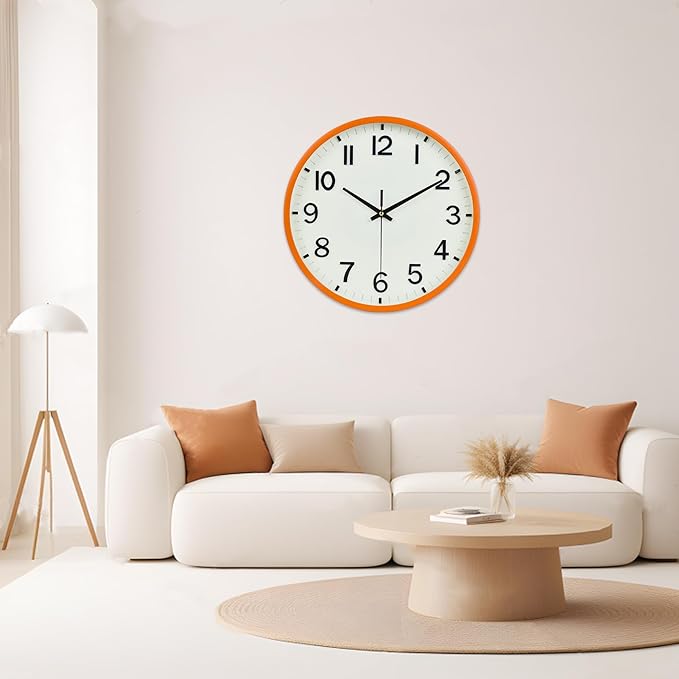 Wall Clock 10 Inch Silent Non-Ticking Modern Clocks Battery Operated Beige OrangeAnalog Wall Clock Classic for Office, Home, Bathroom, Kitchen, Bedroom, School, Living Room(Beige and Orange)