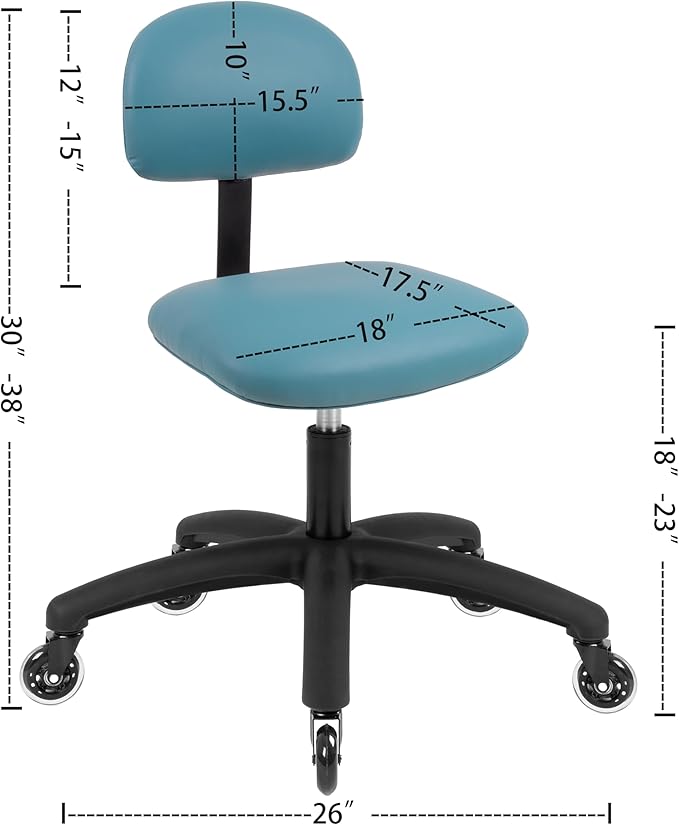 Chair Master FSS Series Square seat Low (18"-23") seat Height Chair. Vinyl-for Office, Garage, Desk, Shop, Computer, Doctor, Medical, Easy to Clean! No Footring (Aqua, Low, Rubber Roller Casters)