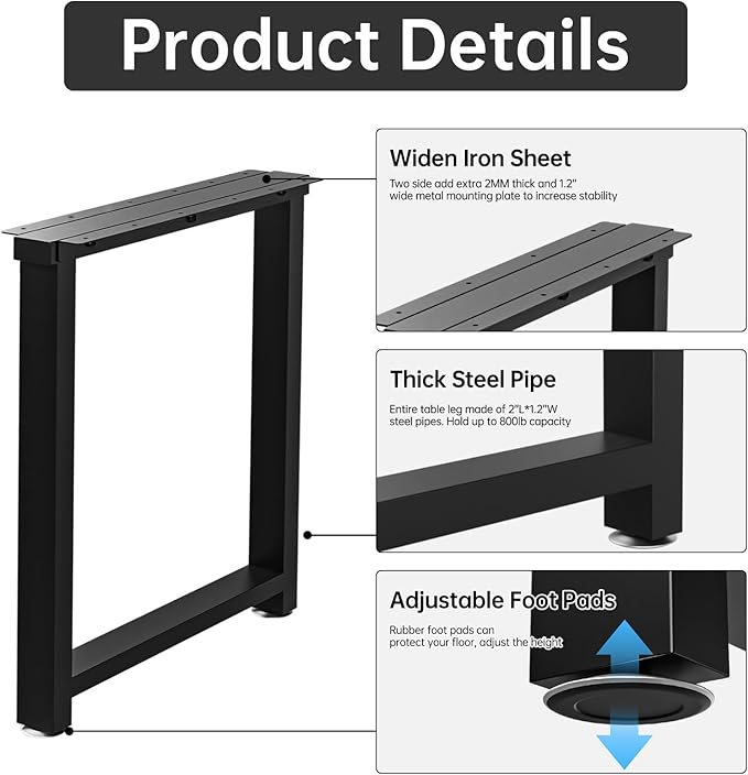 TOCRETOARE Metal Table Legs Heavy Duty, 28”H x 24”W, Metal Furniture Legs for Dining Desk Bench and Coffee Table, Industrial Black DIY Iron Bench Legs, Set of 2