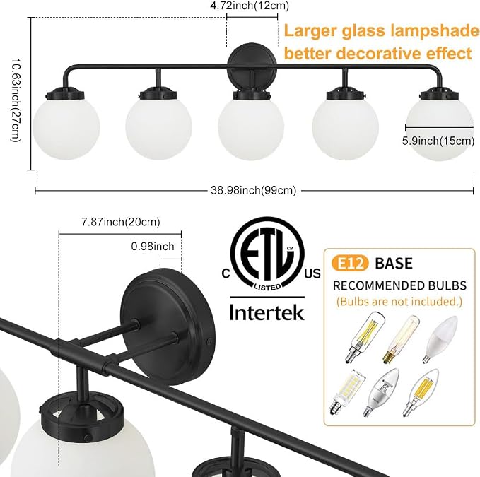 Bathroom Light Fixtures Over Mirror, 5-Light Matte Black Vanity Lighting with Milk White Glass Globe Shades Modern Wall Sconce