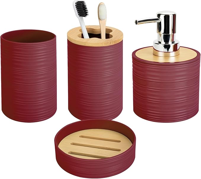 4 PCS Burgundy Bathroom Accessories Set, Includes a Soap Dispenser, Toothbrush Holder, Soap Dish and Mouthwash Cup, Plastics & Bamboo Bathroom Set, Bohemian Style Bathroom Sink Set