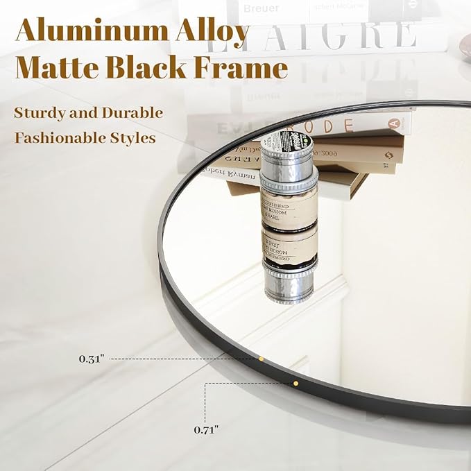 VooBang Large Black Round Bathroom Mirror, 48 inch Circle Wall Mounted Hanging Mirror with Simple Modern Circular Metal Frame for Hallway, Entryway, Living Room, Black Frame