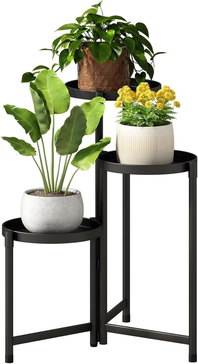 Plant Stand indoor outdoor-3 Tier black Tall Metal Flower Pot Holder 9in Wide Potted Display Rack - Heavy Duty Corner Plant Shelf for Patio Garden Balcony Living Bedroom Room