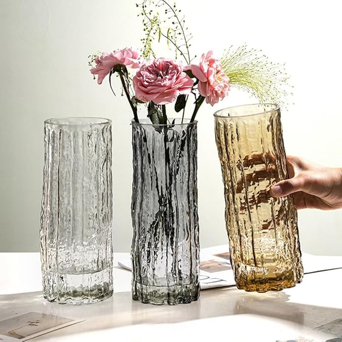 Clear Glass Vase Cylinder 7" Ribbed Thickened Flower Vase Crystal Vase for Modern Centerpieces Home Decor Living Room Bedroom Dining Table Office Wedding Decoration Gift (Clear)