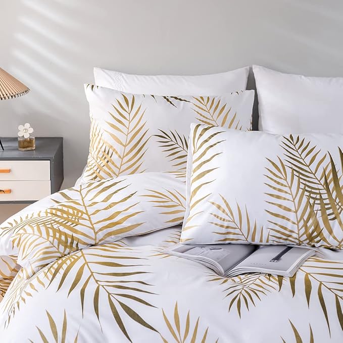 Nayoroom Gold Leaf Duvet Cover King Size Tropical Botanical Leaves Printed on White Bedding Set Soft Lightweight Microfiber Garden Farmhouse Comforter Covers with Zipper Closure Corner Ties