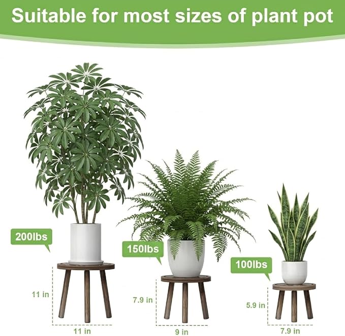 3-Pack Wood Plant Stands Indoor, Single Plant Stand for 6-12 Inch Pots, Mid-Century Modern Plant Stool, Tall Plant Stand for Large Plants Perfect Fit for Living Room, Balcony, Office