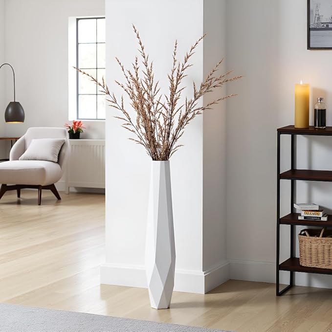 Tall Floor Vase - 27.5" Tall Vases for Home Decor, Resin Floor Vase with Handmade Dimensional Geometric Style, Fits Into Hay/Pampas Grass, Boho Living Room Decor (White)