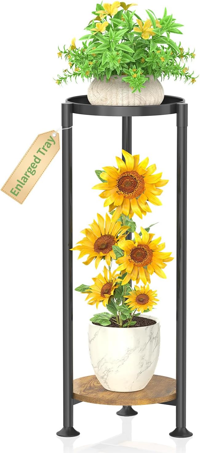 KMOTASUO 2 Tier Black Plant Stand Indoor for Large Tall Heavy Duty Planter, Multiple Sturdy Metal Flower Corner Rack for Narrow House Floor, Iron Vertical Level Round Orchi Holder Organizer, Modern
