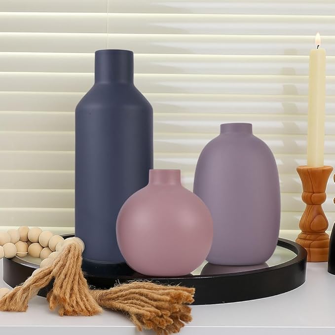 Ceramic Vase Set of 3, Modern Neutral Vases for Home Decor, Purple Gray Blue Pottery Vases for Pampas Grass, Dried or Fresh Flowers, Decorative Vase for Table, Shelf, Kitchen, Living Room, Bedroom