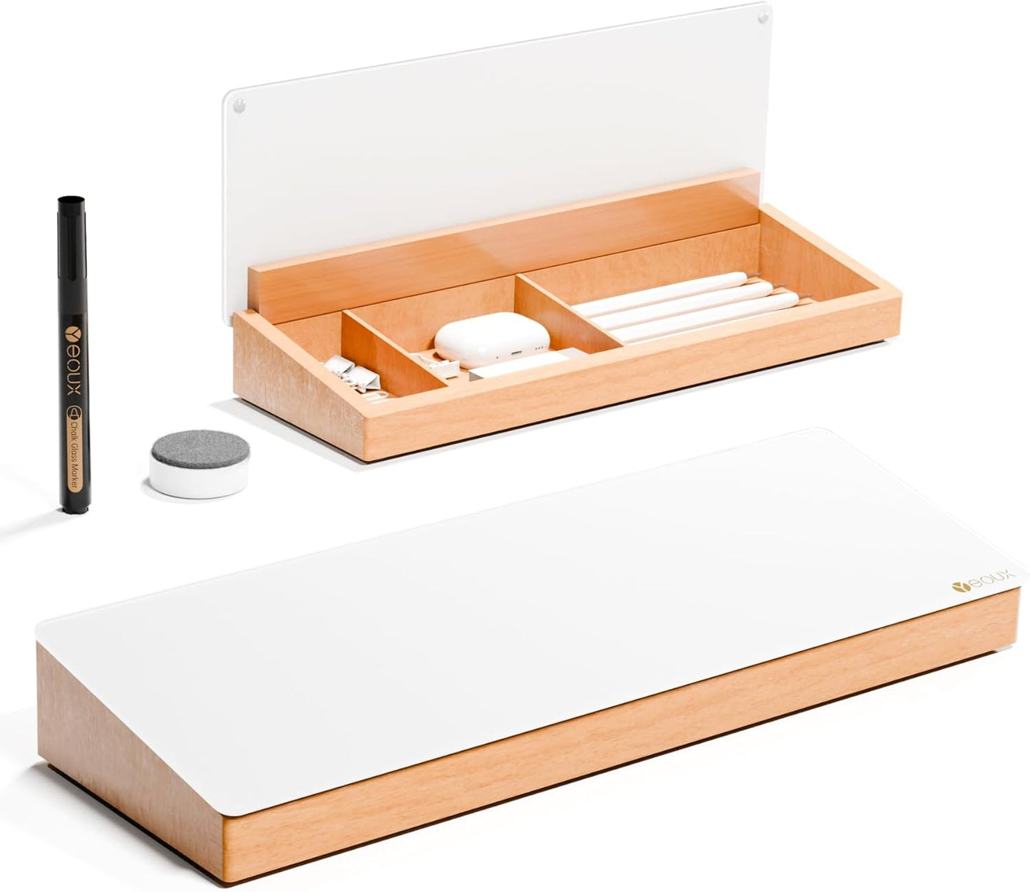 Yeoux Glass Desktop Whiteboard - Aesthetic Dry Erase Board with Wood Organizer & Drawer for Office