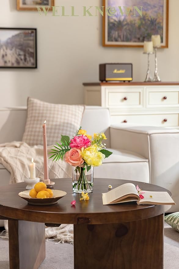 WELL KNOWN Artificial Flowers in Glass Vase, Silk Rose Peony Flower Bouquet for Home Dinning Tea Table, Office Desktop, Hotel, Wedding, Party, Lavatory Decor & Gift (Hot Pink, Coral & Yellow)