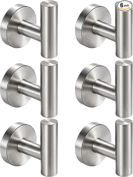 Nolimas Bathroom Towel Hooks SUS 304 Stainless Steel Coat Hook Round Clothes Towel Coat Robe Hook Cabinet Closet Door Sponges Holder for Bath Kitchen Garage Hotel,Wall Mounted, Brushed Nickel,6Pack