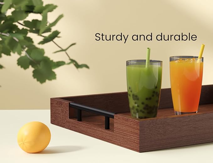 Fibogollo Bamboo Serving Tray with Metal Handles,15x10in Ottoman Decorative Trays Platter for Coffee Table,Living Room,Bar,Party,Medium(Brown)
