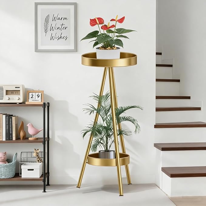 2 Tier Tall Plant Stand Indoor, 31.5" Gold Metal Modern Corner Flower Holder with Round Trays,Heavy Duty for Small Space, Bedroom & Balcony